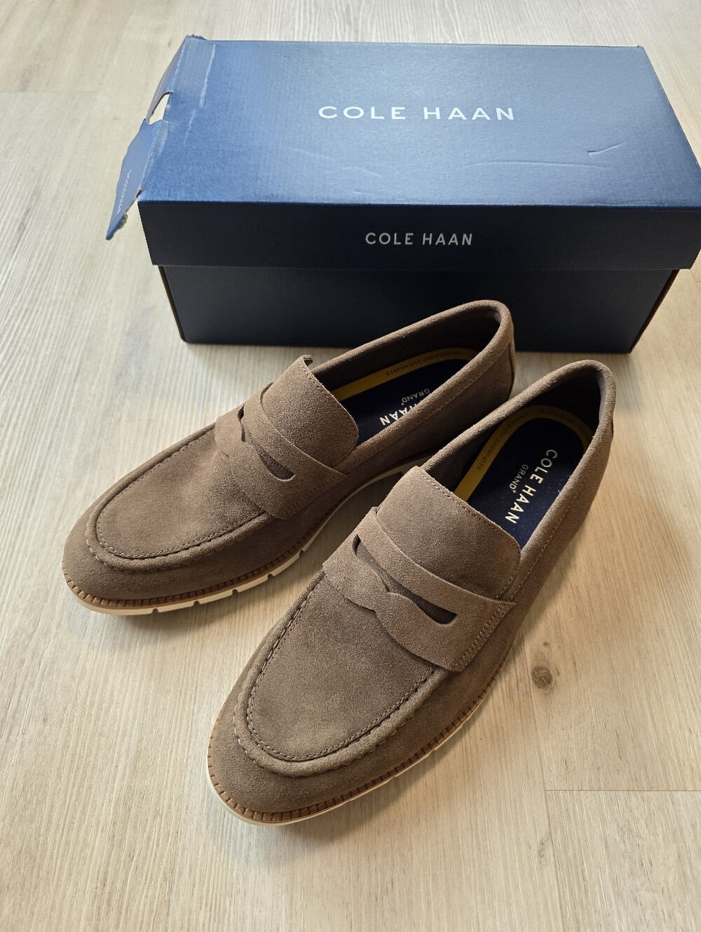 Cole Haan FlexGrand+ Penny Loafer Truffle Suede Ivory C41635 Men's Size 10.5